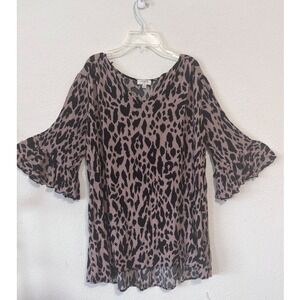 Umgee Boho‎ Top Animal Print Bell Sleeve V Neck Tunic Oversized Small Hippie